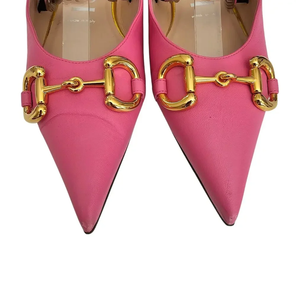 Gucci Horsebit Chain Pointed Toe Ballet Flat Size 38.5 US 8.5 Pink Gold Silver